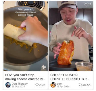 Graphic showing stills taken from social media for cheese crusted food